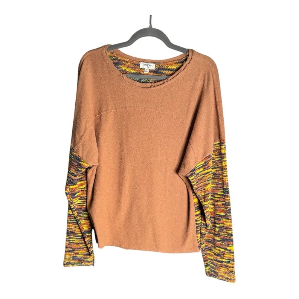 Umgee Brown Solid Front and Yellow Print Back Long Sleeve Top Small